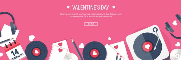 Valentinstag. Arbeitsplatz mit Tisch. Designausrüstung. Zeichnung auf Papier. handgemachte Liebeskarte. Schreibmaschine. Gruß. 14. Februar. — Stockvektor