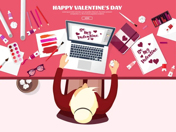 Valentines Day. Workplace with table. Design Equipment. Drawing on paper. Handmade love card. Typewriting. Greeting. February 14. — Stock Vector