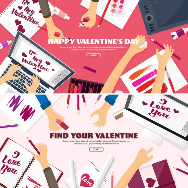 Valentinstag. Arbeitsplatz mit Tisch. Designausrüstung. Zeichnung auf Papier. handgemachte Liebeskarte. Schreibmaschine. Gruß. 14. Februar. — Stockvektor
