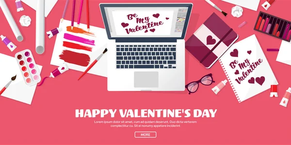 Valentines Day. Workplace with table. Design Equipment. Drawing on paper. Handmade love card. Typewriting. Greeting. February 14. — Stock Vector