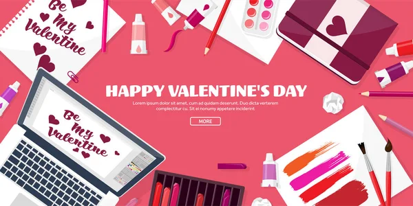 Sevgililer günü. Çalışma alanı tablosu ile. Tasarım ekipmanları. Kağıt üzerine çizim. El yapımı aşk kartı. Typewriting. Tebrik. 14 Şubat.