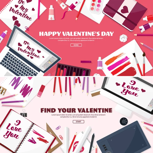 Sevgililer günü. Çalışma alanı tablosu ile. Tasarım ekipmanları. Kağıt üzerine çizim. El yapımı aşk kartı. Typewriting. Tebrik. 14 Şubat.