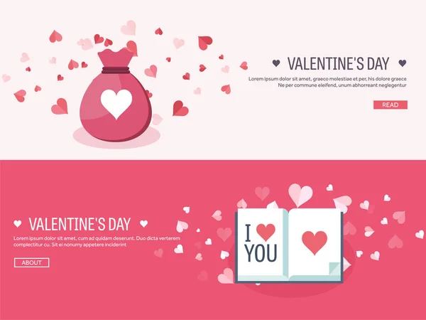 Vector illustration. Flat background with bag,book. Love, hearts. Valentines day. Be my valentine. 14 february. Message. — Stock Vector