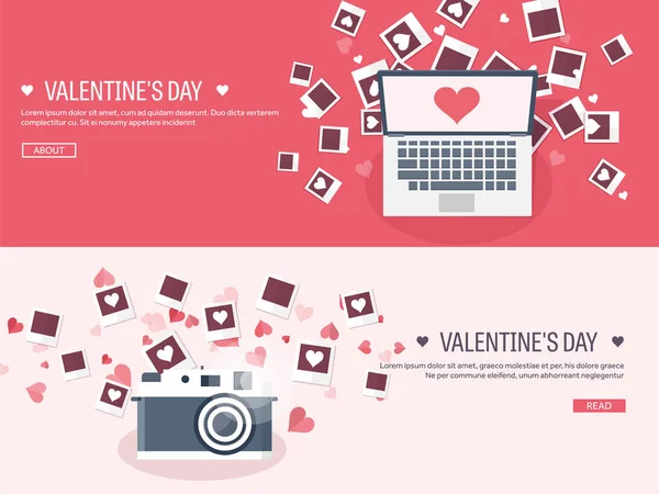 Vektorillustration. flacher Hintergrund mit Fotos. Liebe, Herzen. Valentinstag. sei mein Valentinstag. 14. Februar. — Stockvektor