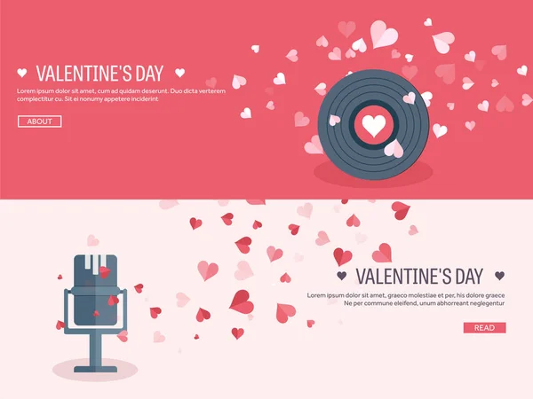 Vector illustration. Flat musical background with microphone and vinyl. Love, hearts. Valentines day. Be my valentine. 14 february. — Stock Vector