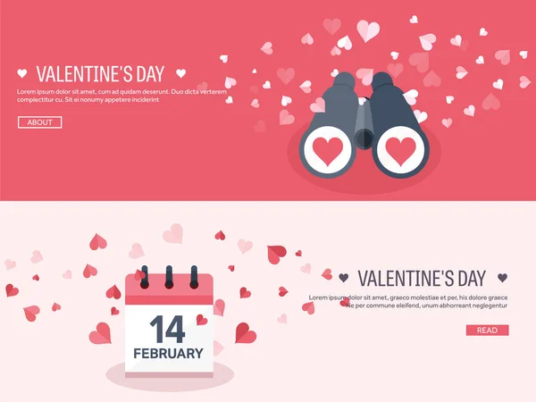 Vectorillustratie. Platte achtergrond met verrekijkers en kalender. Liefde, harten. De dag van Valentijnskaarten. Worden mijn Valentijn. 14 februari. — Stockvector