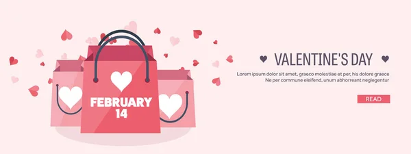 Vectorillustratie. Platte achtergrond met boodschappentassen. Liefde, harten. De dag van Valentijnskaarten. Worden mijn Valentijn. 14 februari. — Stockvector