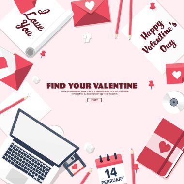 Düz arka plan ile kağıt, zarf. Aşk, kalpleri. Sevgililer günü. Benim sevgilim olmak. 14 Şubat. Vektör çizim.