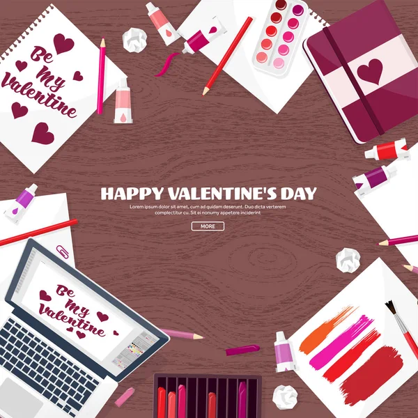 Flat background with paper, envelope. Love, hearts. Valentines day. Be my valentine. 14 february.Vector illustration. — Stock Photo, Image