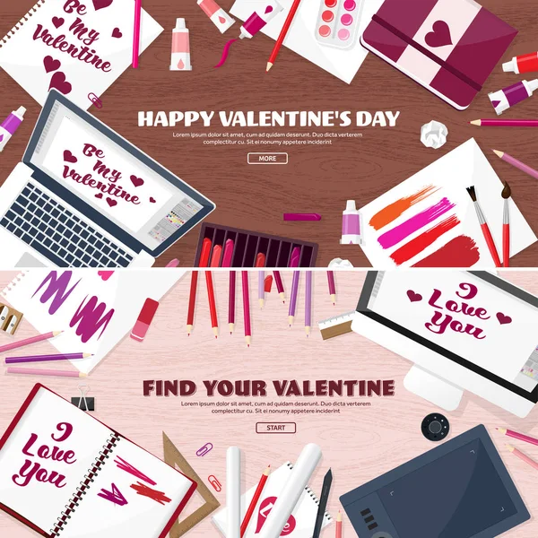 Fondo piatto con carta, busta. Amore, cuori. San Valentino. Sii il mio San Valentino. 14 febbraio Illustrazione vettoriale . — Foto Stock