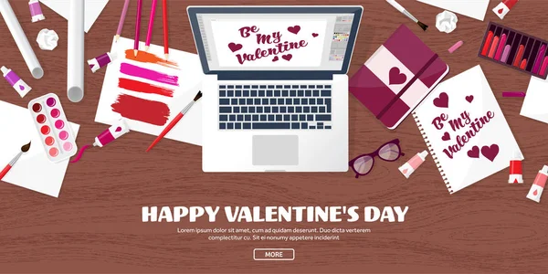 Fondo plano con papel, sobre. Amor, corazones. Día de San Valentín. Sé mi San Valentín. 14 febrero.Ilustración vectorial . —  Fotos de Stock