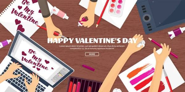 Flat background with paper, envelope. Love, hearts. Valentines day. Be my valentine. 14 february.Vector illustration. — Stock Photo, Image