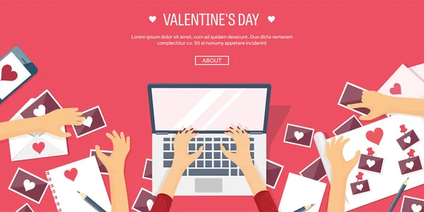 Flat background with paper, envelope. Love, hearts. Valentines day. Be my valentine. 14 february.Vector illustration.