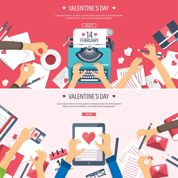 Flat background with typewriter. Love, hearts. Valentines day. Be my valentine. 14 february.Vector illustration. Holidays. — Stock Photo, Image