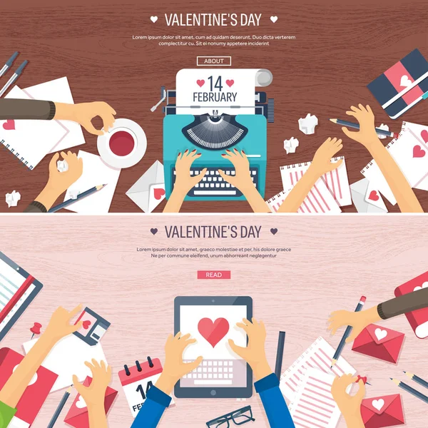 Fondo plano con máquina de escribir. Amor, corazones. Día de San Valentín. Sé mi San Valentín. 14 febrero.Ilustración vectorial. Vacaciones . —  Fotos de Stock