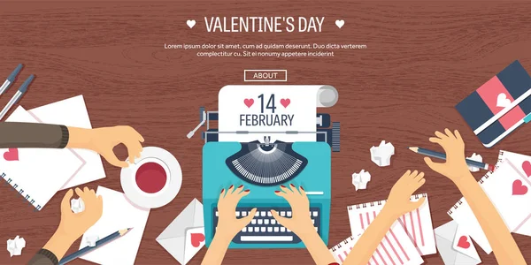 Fondo plano con máquina de escribir. Amor, corazones. Día de San Valentín. Sé mi San Valentín. 14 febrero.Ilustración vectorial. Vacaciones . —  Fotos de Stock