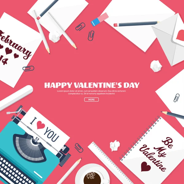 Platte achtergrond met typemachine. Liefde, harten. De dag van Valentijnskaarten. Worden mijn Valentijn. 14 februari. Vectorillustratie. Vakantie. — Stockfoto