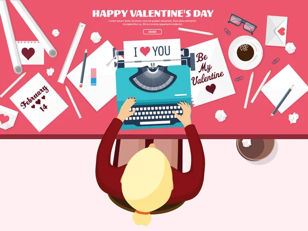 Fondo plano con máquina de escribir. Amor, corazones. Día de San Valentín. Sé mi San Valentín. 14 febrero.Ilustración vectorial. Vacaciones . —  Fotos de Stock