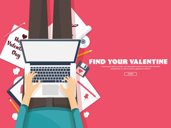 Flat background with typewriter. Love, hearts. Valentines day. Be my valentine. 14 february.Vector illustration. Holidays. — Stock Photo, Image