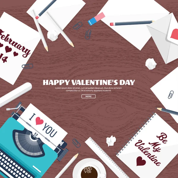 Płaskie podłoże z papieru, koperty. Miłość, serce. Walentynki. Bądź moją Walentynką. 14 lutego. Ilustracja wektorowa. — Zdjęcie stockowe