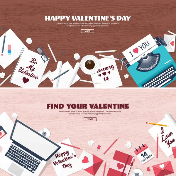 Platte achtergrond met typemachine. Liefde, harten. De dag van Valentijnskaarten. Worden mijn Valentijn. 14 februari. Vectorillustratie. Vakantie. — Stockfoto