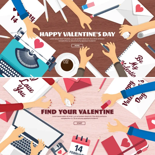 Fondo plano con máquina de escribir. Amor, corazones. Día de San Valentín. Sé mi San Valentín. 14 febrero.Ilustración vectorial. Vacaciones . —  Fotos de Stock