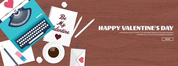 Flat background with typewriter. Love, hearts. Valentines day. Be my valentine. 14 february.Vector illustration. Holidays. — Stock Photo, Image