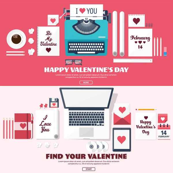 Flat background with typewriter. Love, hearts. Valentines day. Be my valentine. 14 february.Vector illustration. Holidays.