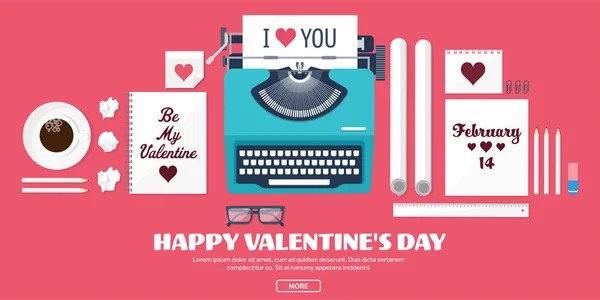 Platte achtergrond met typemachine. Liefde, harten. De dag van Valentijnskaarten. Worden mijn Valentijn. 14 februari. Vectorillustratie. Vakantie. — Stockfoto