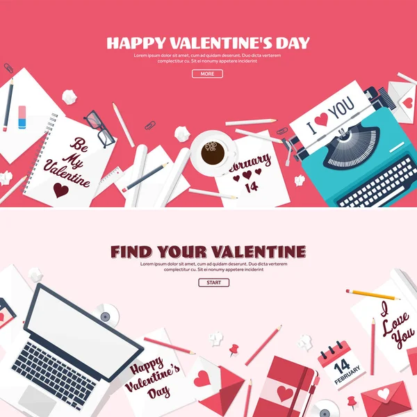 Fondo piatto con macchina da scrivere. Amore, cuori. San Valentino. Sii il mio San Valentino. 14 febbraio Illustrazione vettoriale. Vacanze . — Foto Stock