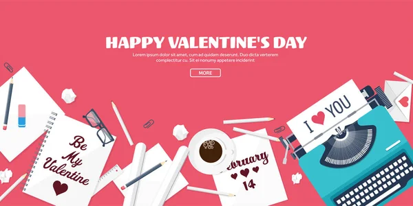 Flat background with typewriter. Love, hearts. Valentines day. Be my valentine. 14 february.Vector illustration. Holidays. — Stock Photo, Image