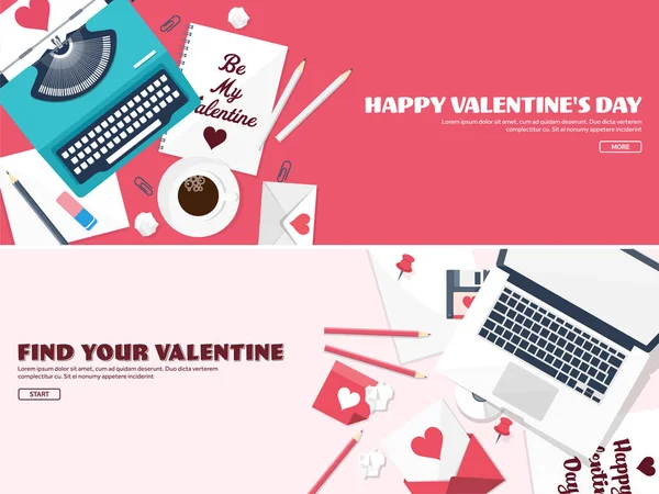 Platte achtergrond met typemachine. Liefde, harten. De dag van Valentijnskaarten. Worden mijn Valentijn. 14 februari. Vectorillustratie. Vakantie. — Stockfoto