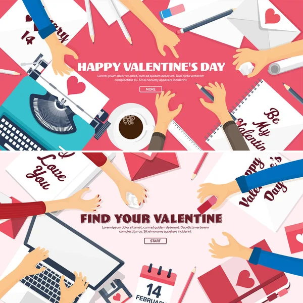 Platte achtergrond met typemachine. Liefde, harten. De dag van Valentijnskaarten. Worden mijn Valentijn. 14 februari. Vectorillustratie. Vakantie. — Stockfoto