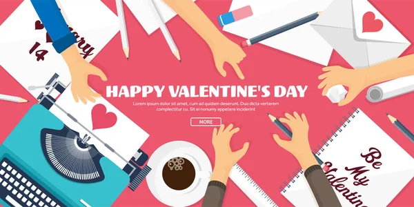 Flat background with typewriter. Love, hearts. Valentines day. Be my valentine. 14 february.Vector illustration. Holidays.