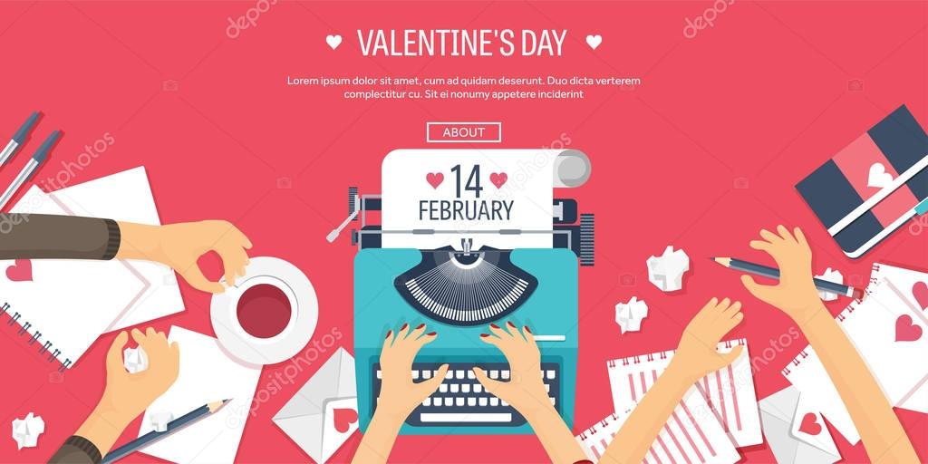 Flat background with typewriter. Love, hearts. Valentines day. Be my valentine. 14 february.Vector illustration. Holidays.