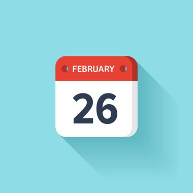 Şubat 26. İzometrik takvim simgesini Shadow.Vector illüstrasyon, düz Style.Month ve Date.Sunday,Monday,Tuesday,Wednesday,Thursday,Friday,Saturday.Week,Weekend,Red mektup gün. Tatil 2017.