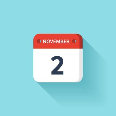 2 Kasım. İzometrik takvim simgesini Shadow.Vector illüstrasyon, düz Style.Month ve Date.Sunday,Monday,Tuesday,Wednesday,Thursday,Friday,Saturday.Week,Weekend,Red mektup gün. Tatil 2017.