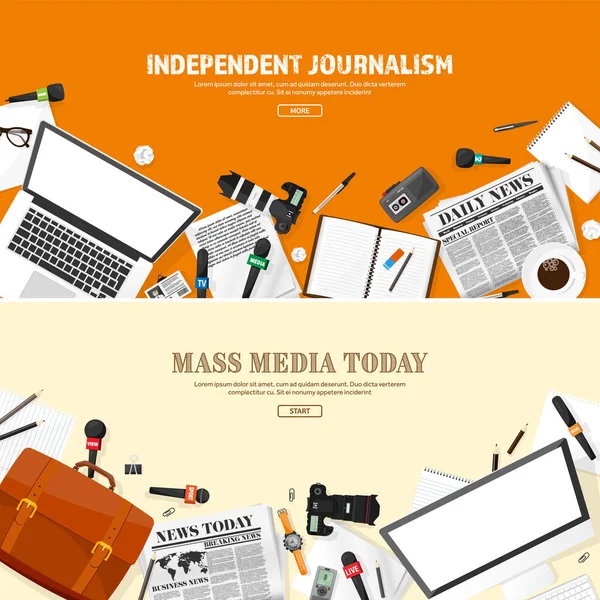 Fundo de mídia de massa em um estilo plano.Conferência de imprensa com correspondente e repórter.Transmissão.Notícias multimídia, jornal. Rádio na Internet, televisão. Microfone . —  Vetores de Stock