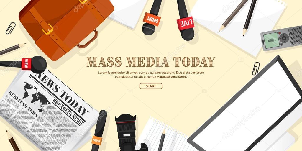 Mass media background in a flat style.Press conference with correspondent and reporter.Broadcasting.Multimedia news,newspaper.Tv show. Internet radio, television. Microphone.