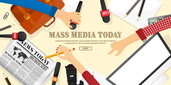 Fundo de mídia de massa em um estilo plano.Conferência de imprensa com correspondente e repórter.Transmissão.Notícias multimídia, jornal. Rádio na Internet, televisão. Microfone . —  Vetores de Stock