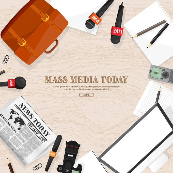 Mass media background in a flat style.Press conference with correspondent and reporter.Broadcasting.Multimedia news,newspaper.Tv show. Internet radio, television. Microphone. — Stock Vector