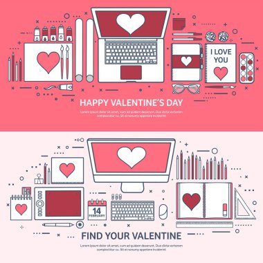 Sevgi ve kalp. Vektör çizim kaplı. Dizüstü bilgisayar ile düz arka plan. Kalpler. Sevgililer günü. Benim sevgilim olmak. 14 Şubat. İleti.