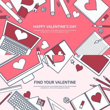 Sevgi ve kalp. Vektör çizim kaplı. Dizüstü bilgisayar ile düz arka plan. Kalpler. Sevgililer günü. Benim sevgilim olmak. 14 Şubat. İleti.