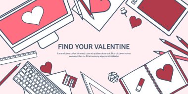 Sevgi ve kalp. Vektör çizim kaplı. Dizüstü bilgisayar ile düz arka plan. Kalpler. Sevgililer günü. Benim sevgilim olmak. 14 Şubat. İleti.