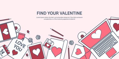 Sevgi ve kalp. Vektör çizim kaplı. Dizüstü bilgisayar ile düz arka plan. Kalpler. Sevgililer günü. Benim sevgilim olmak. 14 Şubat. İleti.