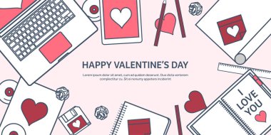 Sevgi ve kalp. Vektör çizim kaplı. Dizüstü bilgisayar ile düz arka plan. Kalpler. Sevgililer günü. Benim sevgilim olmak. 14 Şubat. İleti.