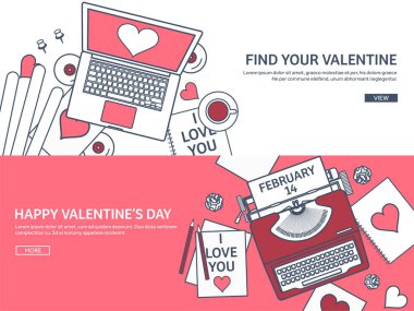 Sevgi ve kalp. Vektör çizim kaplı. Düz arka plan ile laptop, daktilo. Kalpler. Sevgililer günü. Benim sevgilim olmak. 14 Şubat. İleti.