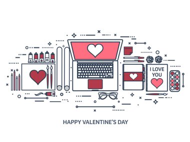 Sevgi ve kalp. Vektör çizim kaplı. Dizüstü bilgisayar ile düz arka plan. Kalpler. Sevgililer günü. Benim sevgilim olmak. 14 Şubat. İleti.