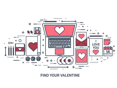 Sevgi ve kalp. Vektör çizim kaplı. Dizüstü bilgisayar ile düz arka plan. Kalpler. Sevgililer günü. Benim sevgilim olmak. 14 Şubat. İleti.