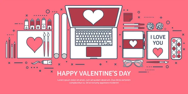Love and heart. Lined vector illustration. Flat background with laptop. Hearts. Valentines day. Be my valentine. 14 february. Message. — Stock Vector